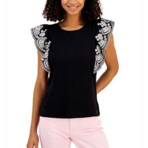 NWT Tommy Hilfiger Size L Black Top Embroidered Eyelet Flutter Sleeve $59